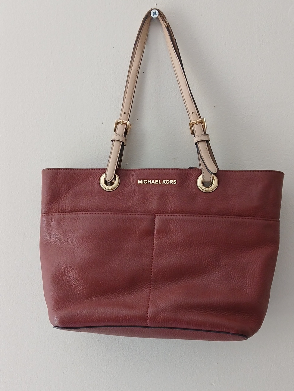Michael Kors Wine Leather Tote With Cream Straps